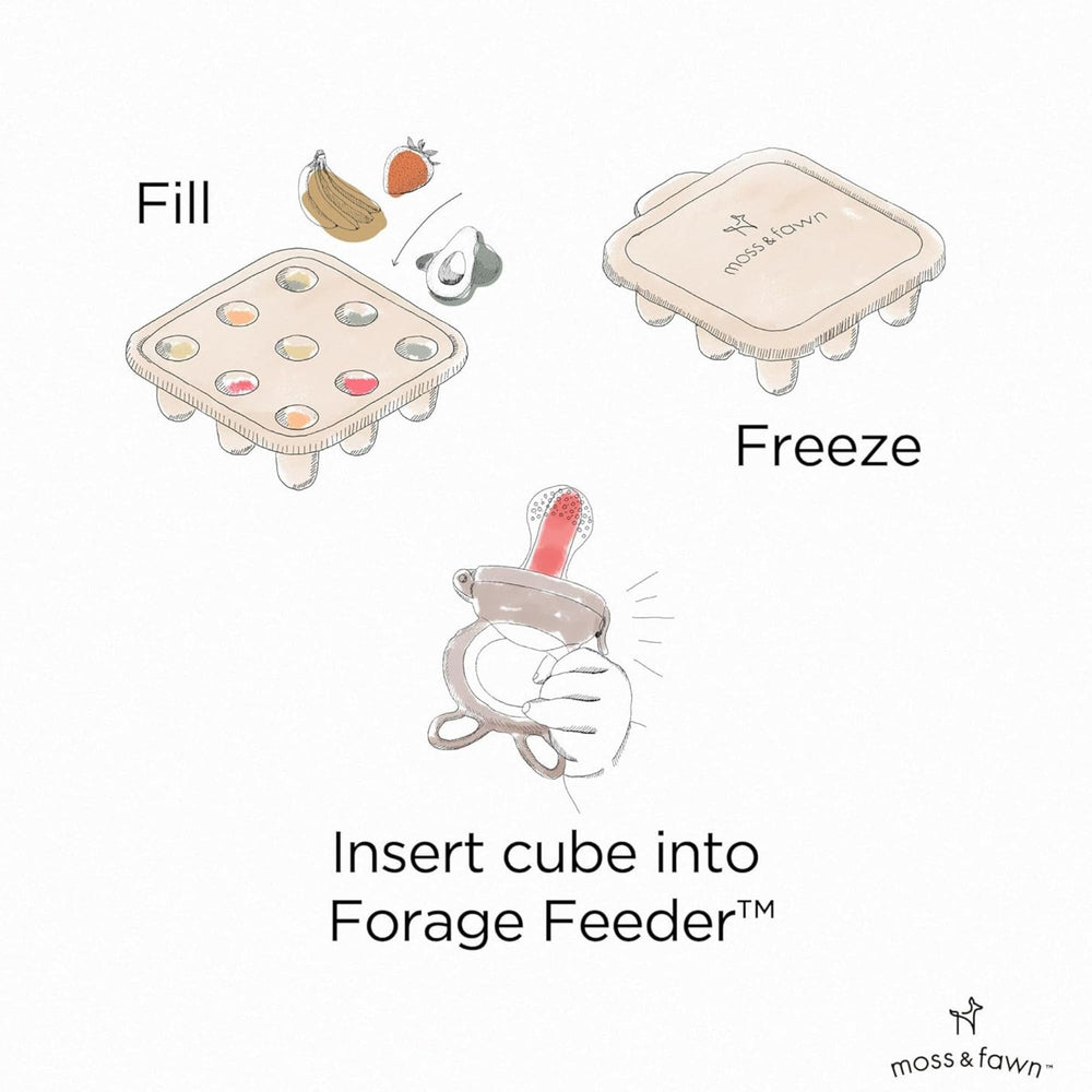 Moss and Fawn silicone ice cube tray in fern, ready to freeze breast milk or purees.