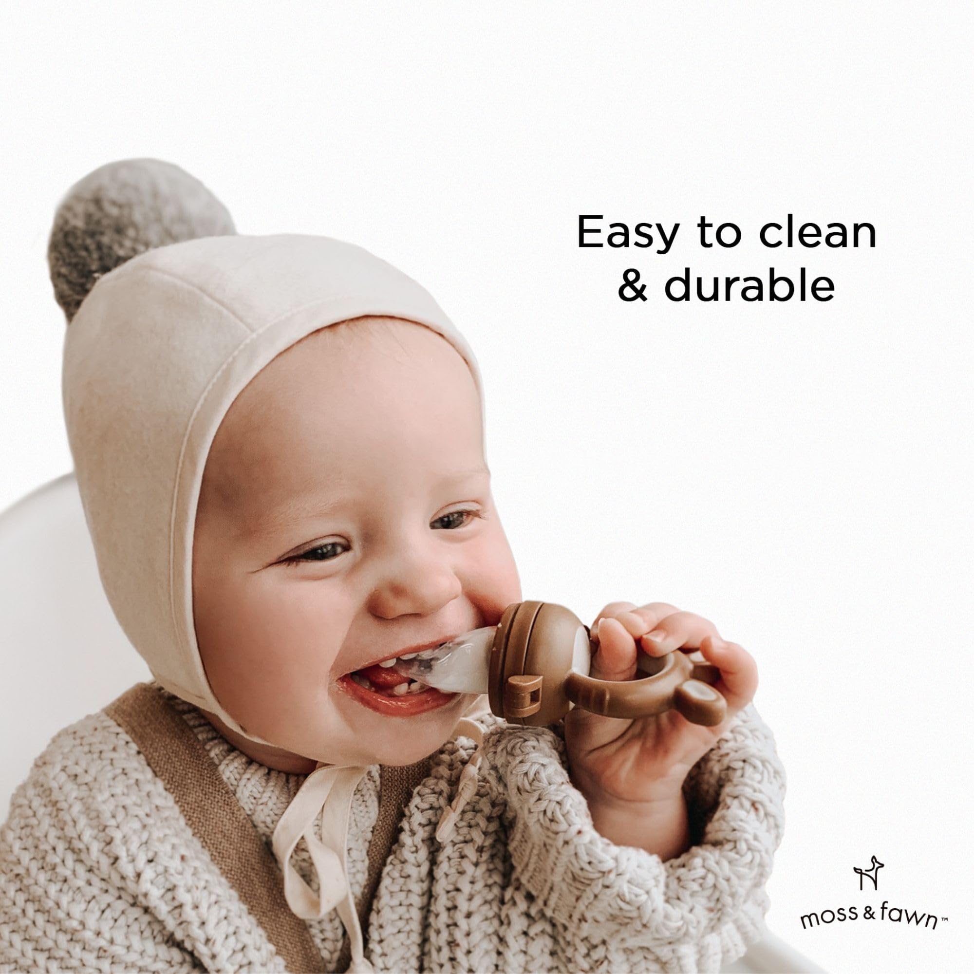 Moss and Fawn silicone-teething surface—textured design helps soothe gums during teething sessions.