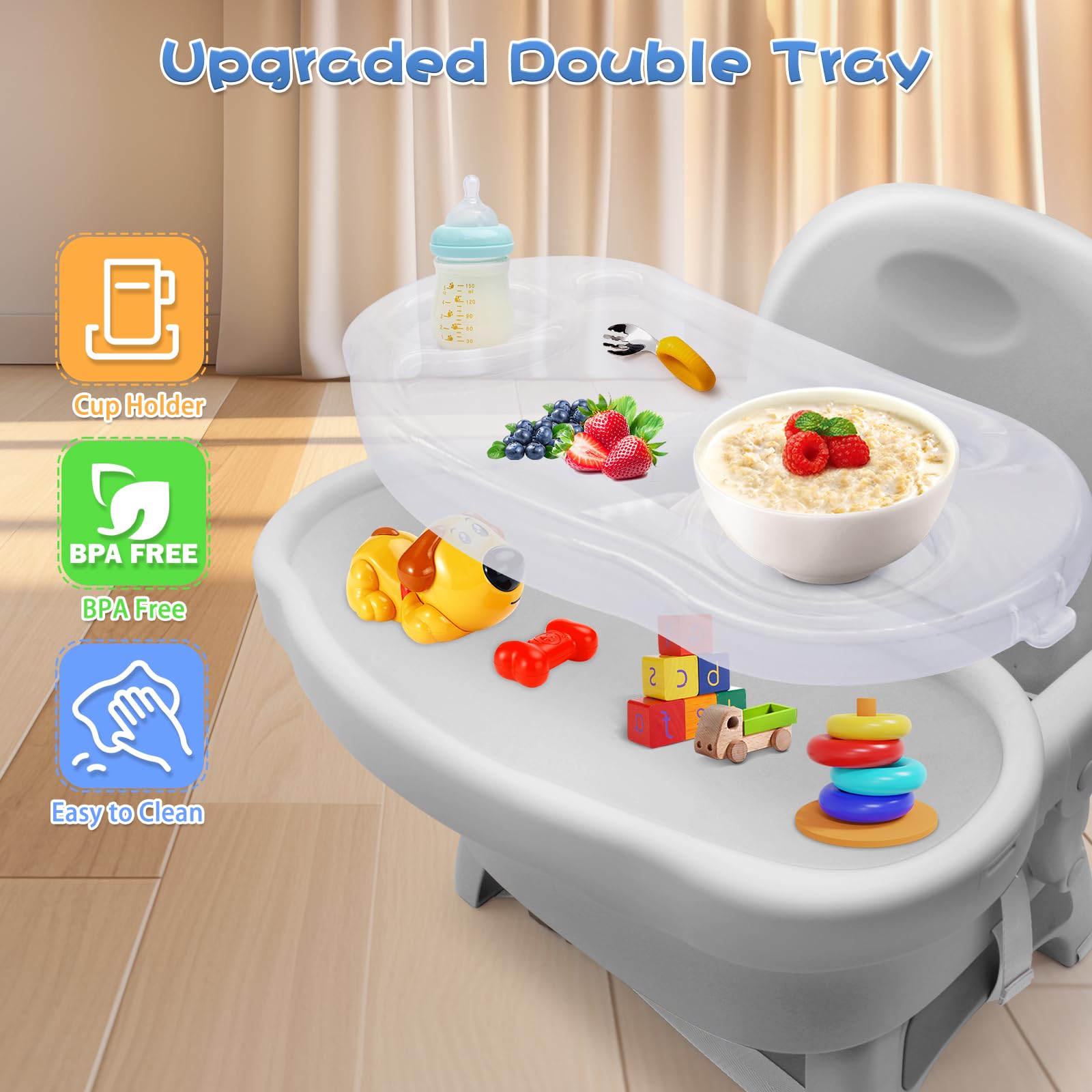 Mostop booster seat height-adjustable feature demonstrates adaptable dining height