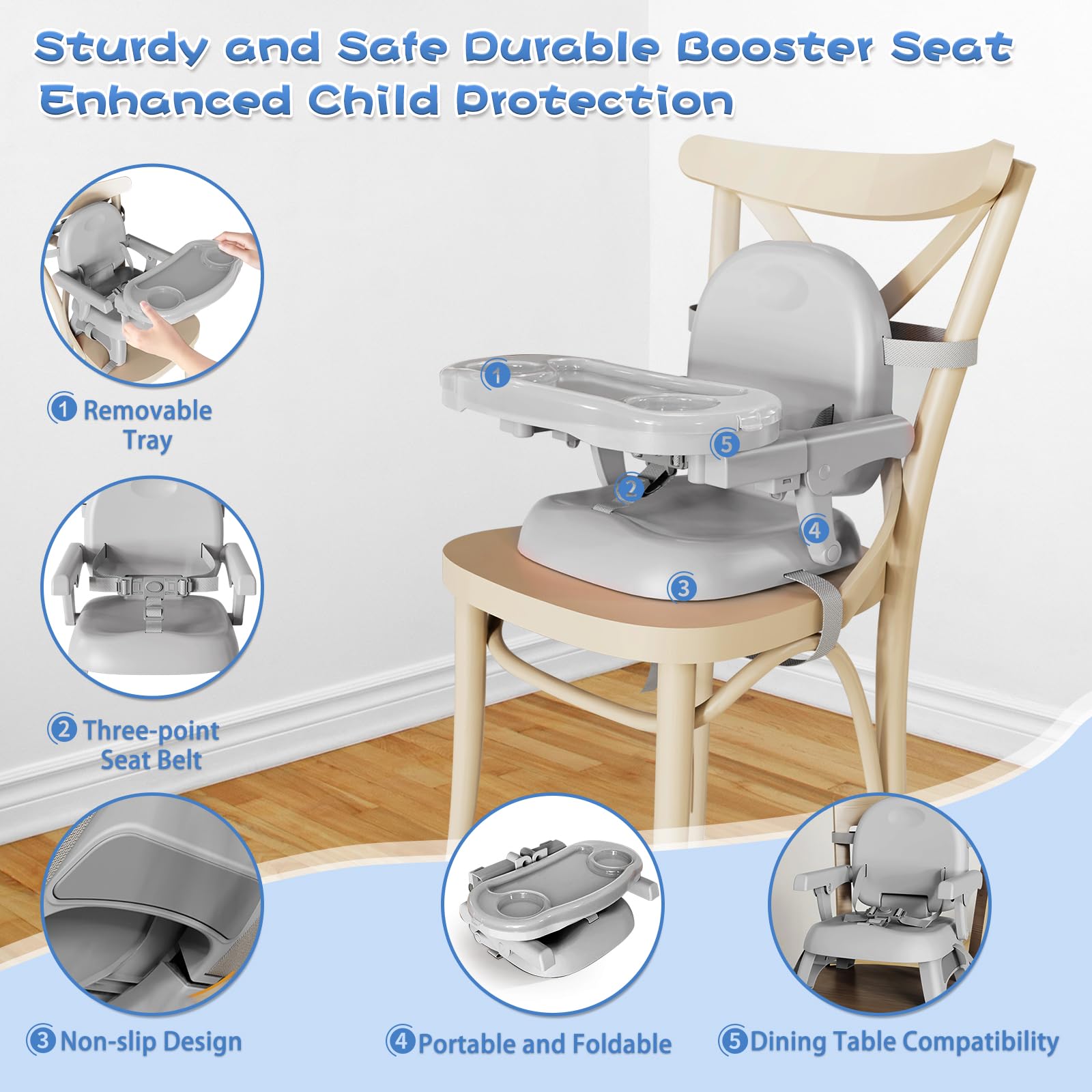 Mostop booster seat removable tray shown for easy cleaning and versatility