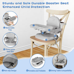 Mostop booster seat removable tray shown for easy cleaning and versatility