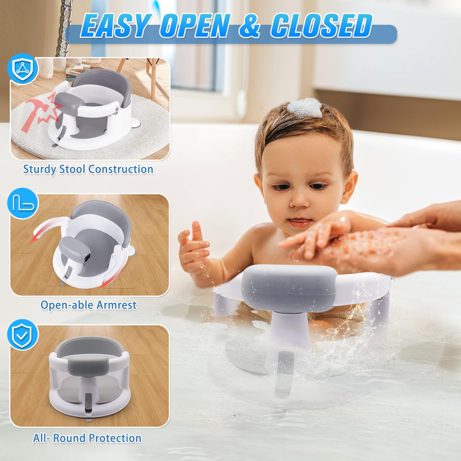 Mostop bath seat showing non-slip padding for added baby safety