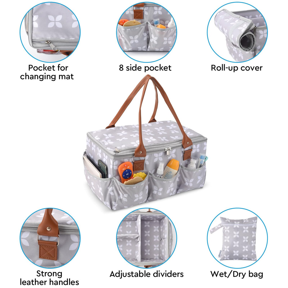 Moteph Diaper Caddy Zip-Top Closure keeps contents secure during trips.