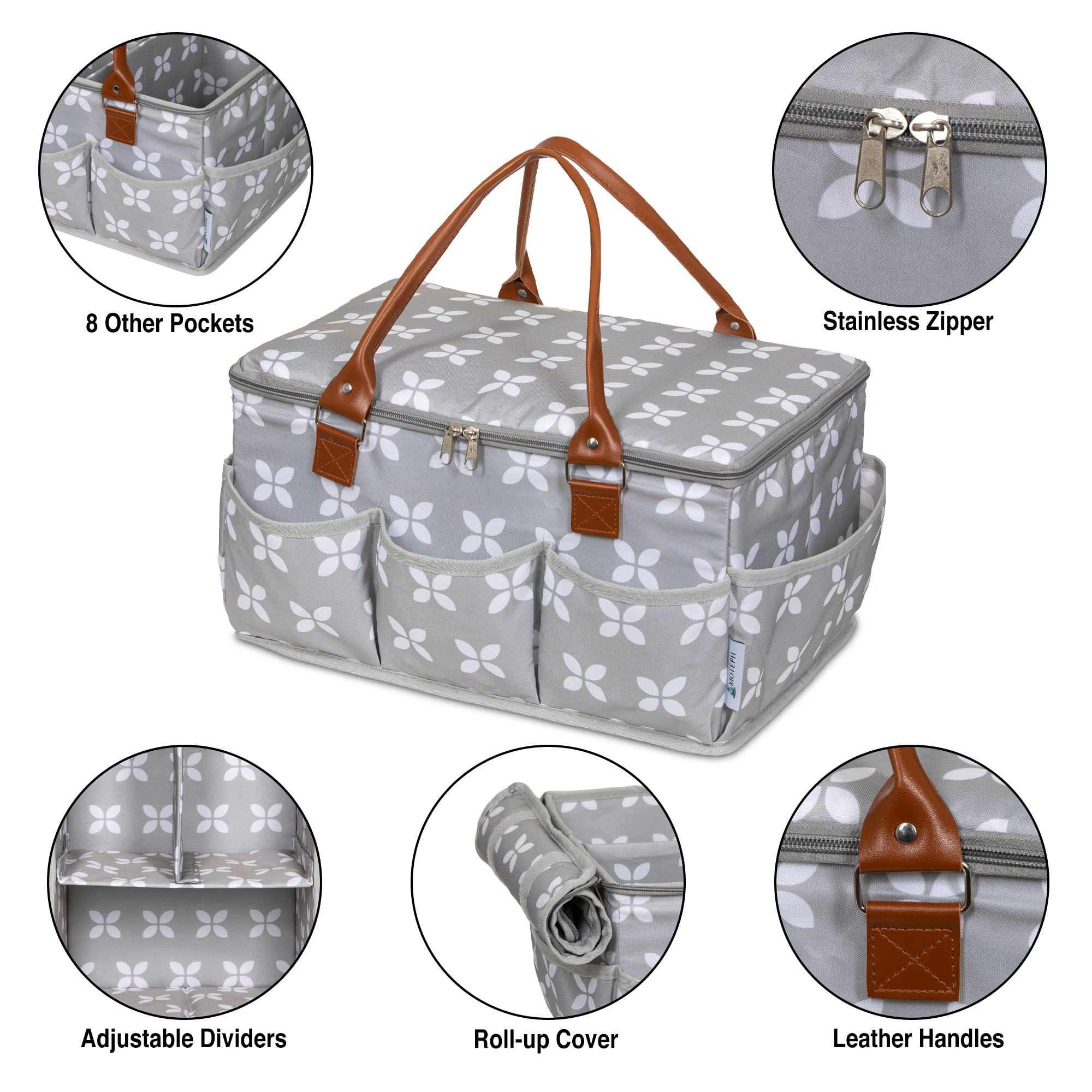 Moteph diaper caddy zip-top cover protects items from dust while on the go.
