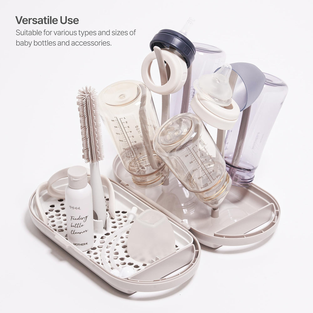 MOTHER-K cleanser dispenser container highlights on-the-go bottle care and organization.