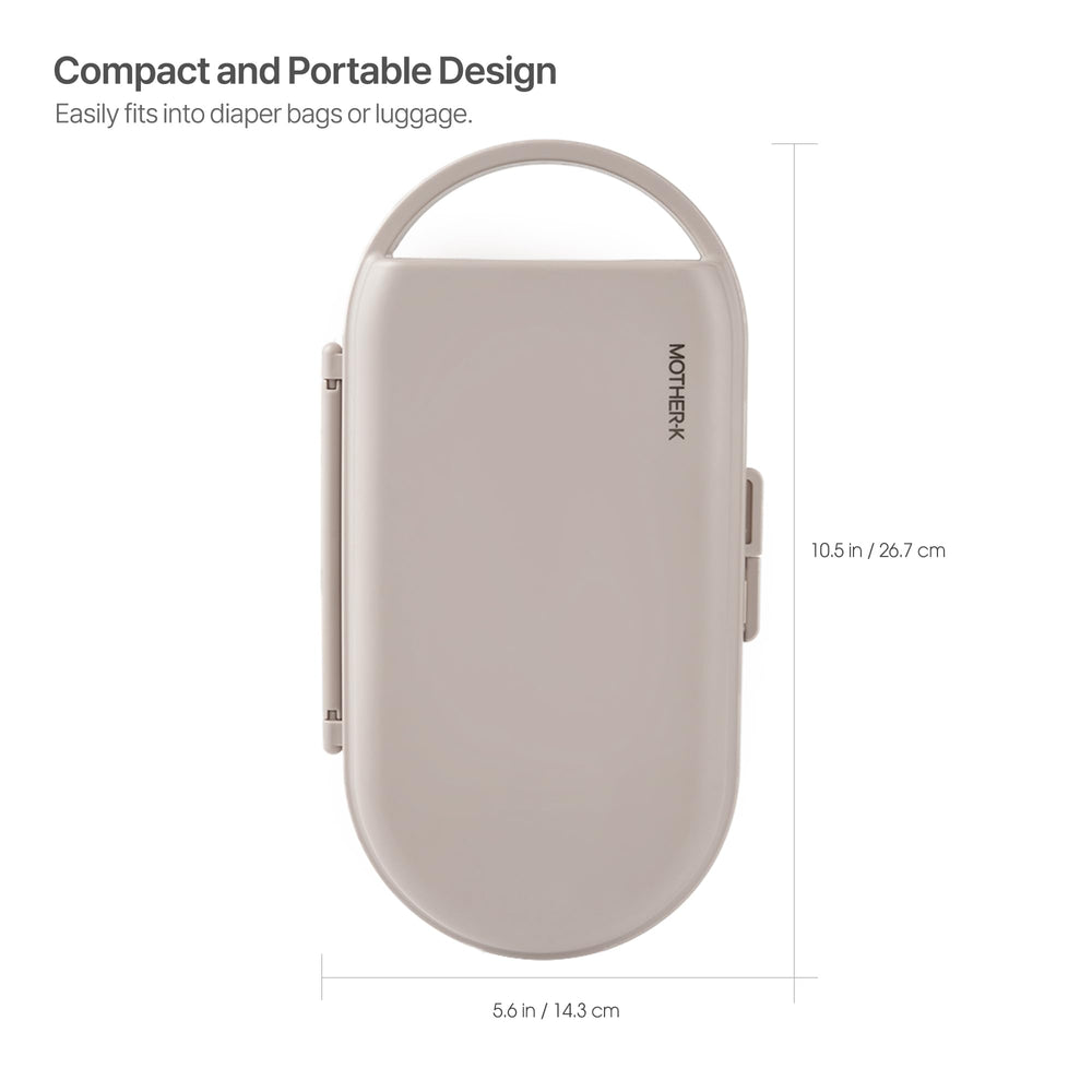 MOTHER-K travel bottle drying rack foldable compartments for convenient setup and compact storage.