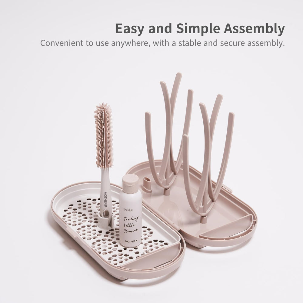 MOTHER-K mini silicone brush complements the set for gentle bottle-cleaning at home or travel.