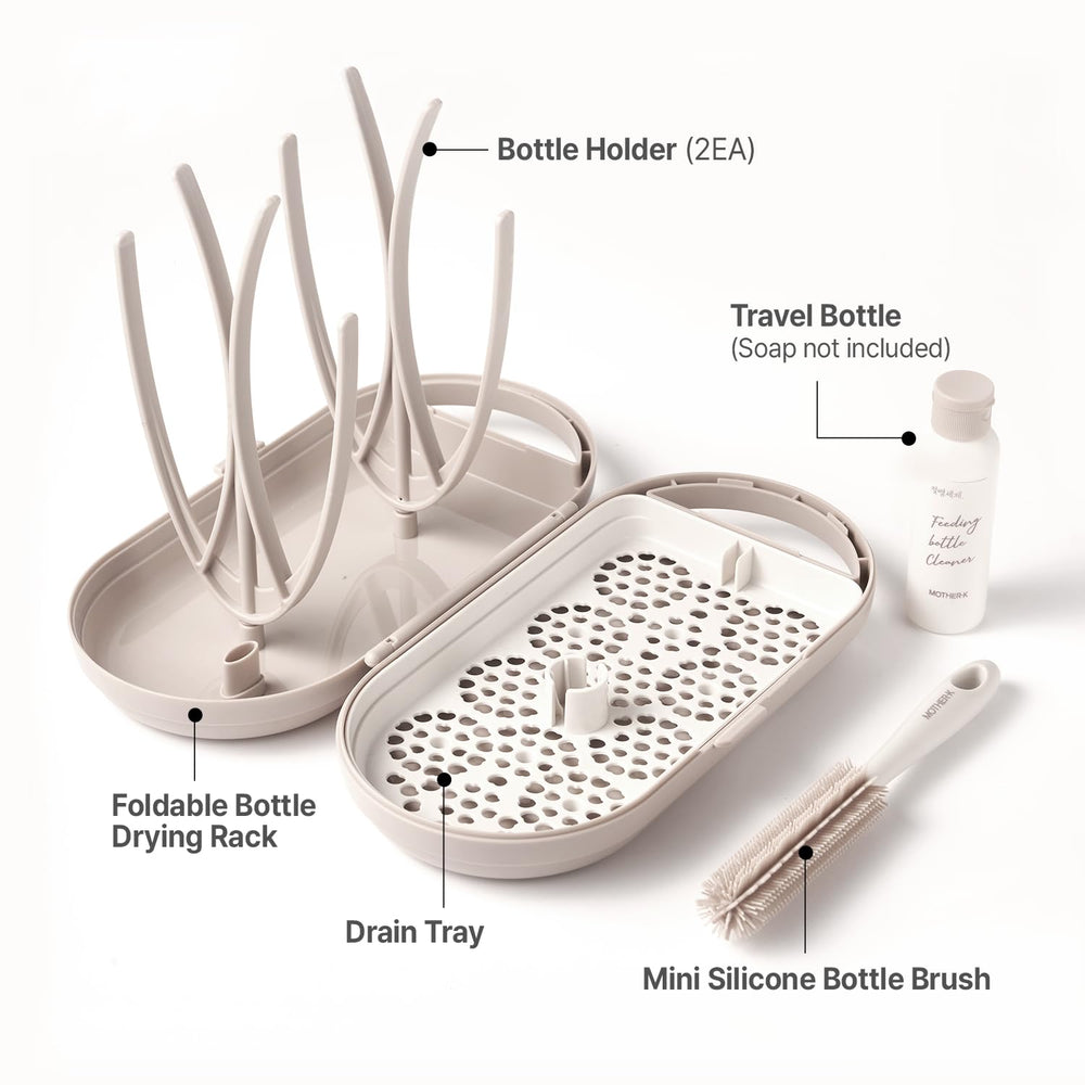 MOTHER-K travel bottle drying rack portable travel-ready design fits in a diaper bag.