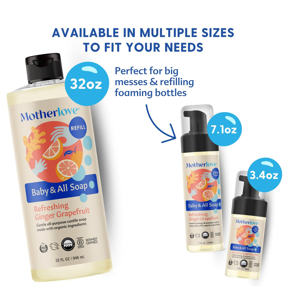 Motherlove Baby & All Soap supports fabrics and pet mess cleanup with a mild formula.