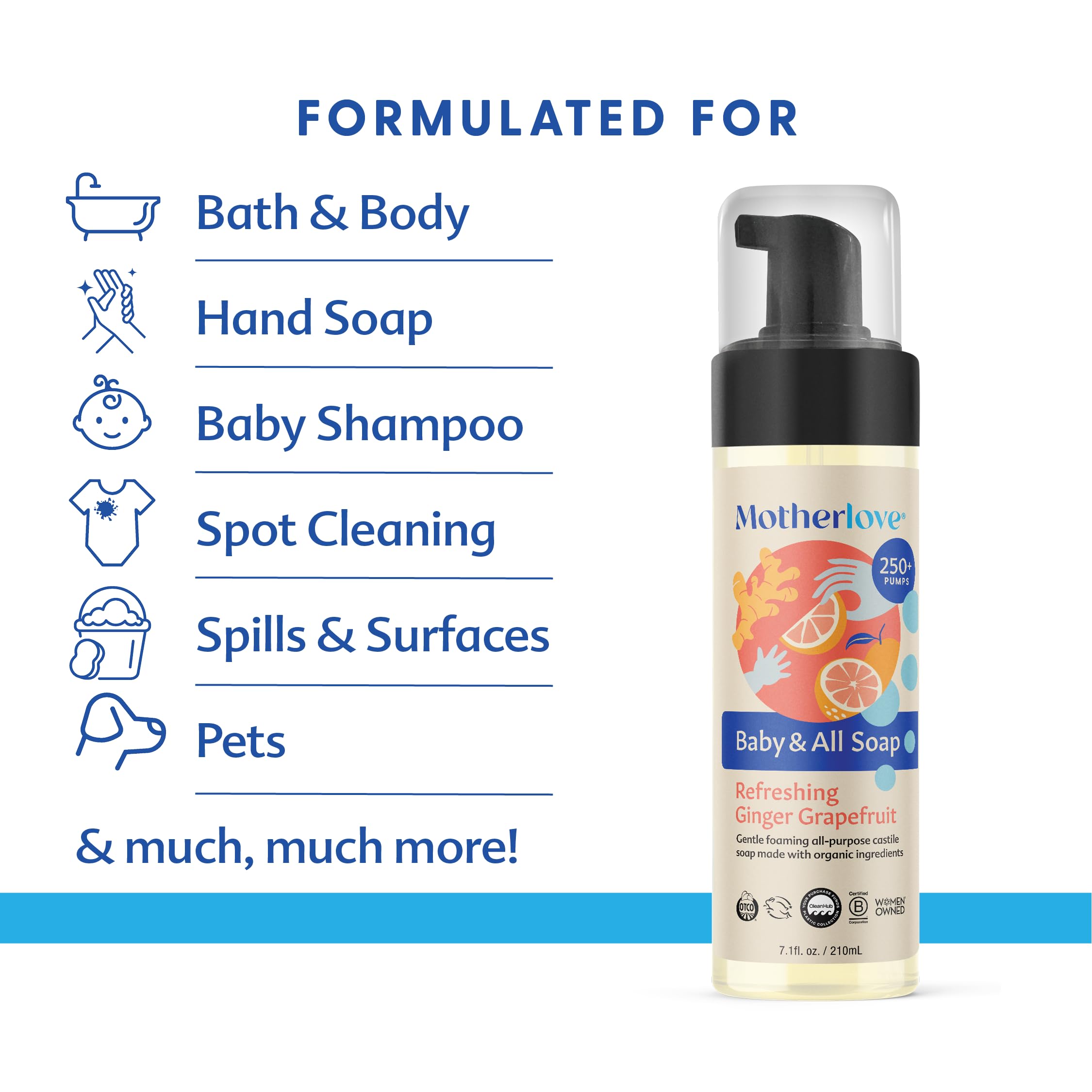 Motherlove Baby & All Soap foaming action shows convenient wash-up for hands and surfaces.