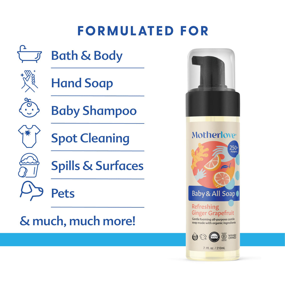 Motherlove Baby & All Soap foaming action shows convenient wash-up for hands and surfaces.