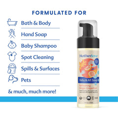 Motherlove Baby & All Soap foaming action shows convenient wash-up for hands and surfaces.