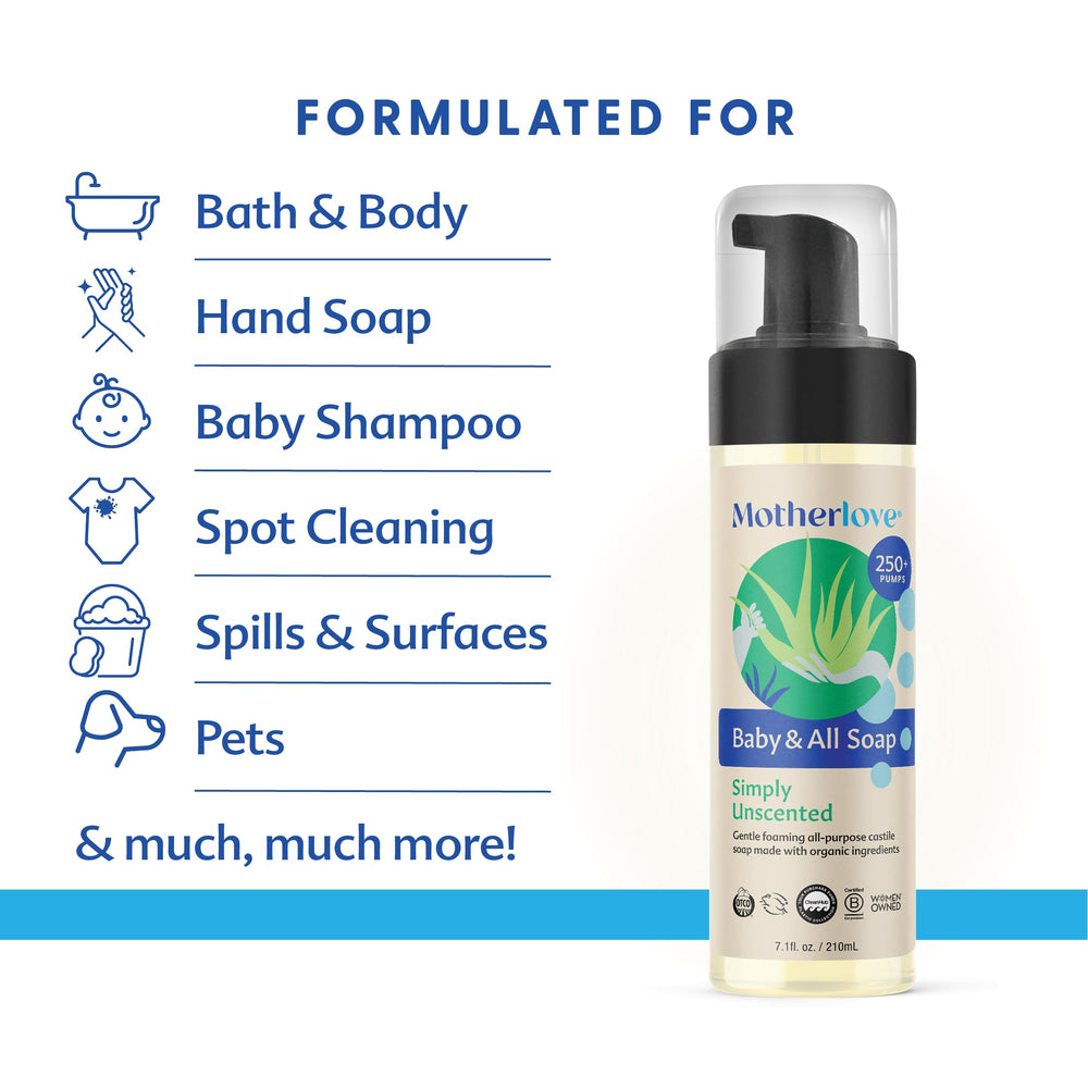 Motherlove Baby & All Soap foaming pump action demonstrates quick lather for hands.