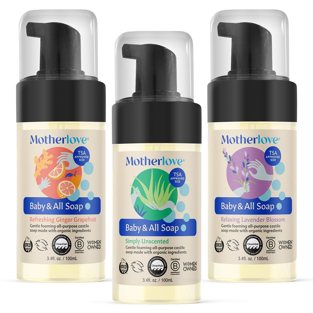 Motherlove Baby & All Soap travel-pack bottles for on-the-go gentle cleansing.