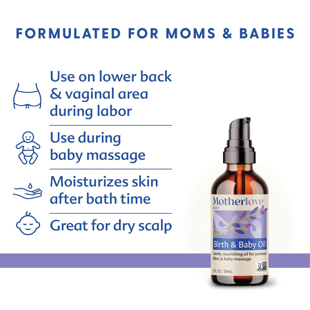 Labor massage with Motherlove Birth & Baby Oil showing gentle perineal care