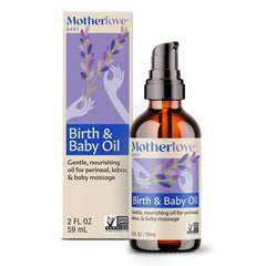 Motherlove Birth & Baby Oil lavender bottle for calm labor preparation