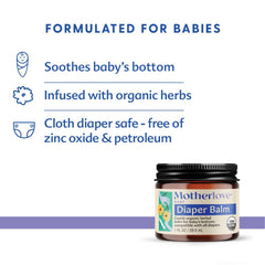 Ingredients label on Motherlove Diaper Balm showing organic, plant-based components.