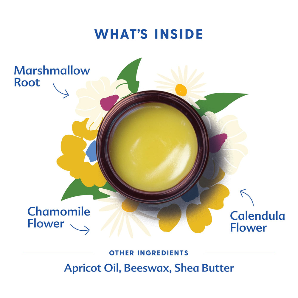 Chamomile and calendula infusion visible in the balm jar for calming baby skin.