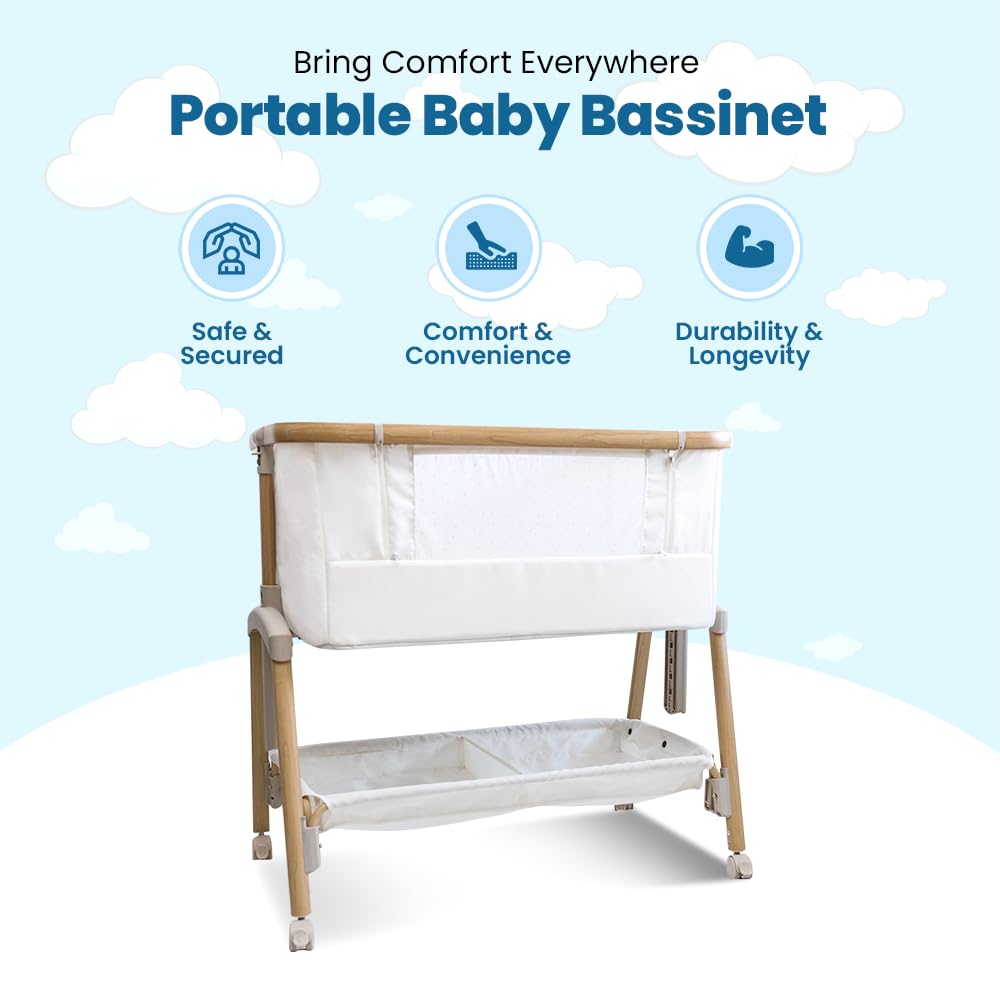 Motherly Haven 7-height adjustable bassinet for perfect bed-height alignment.