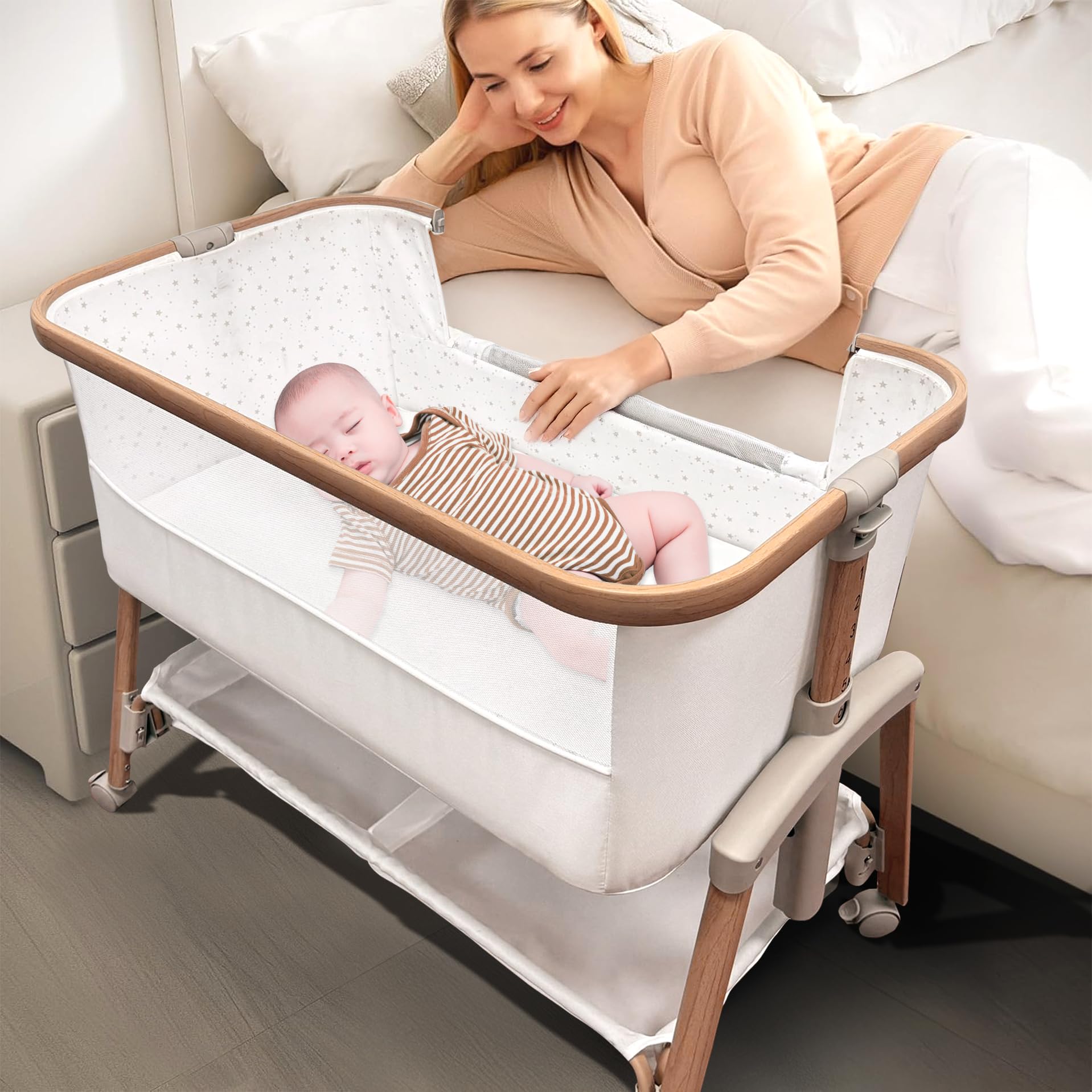 Motherly Haven bassinet with breathable mesh panel promotes airflow and safe sleep.