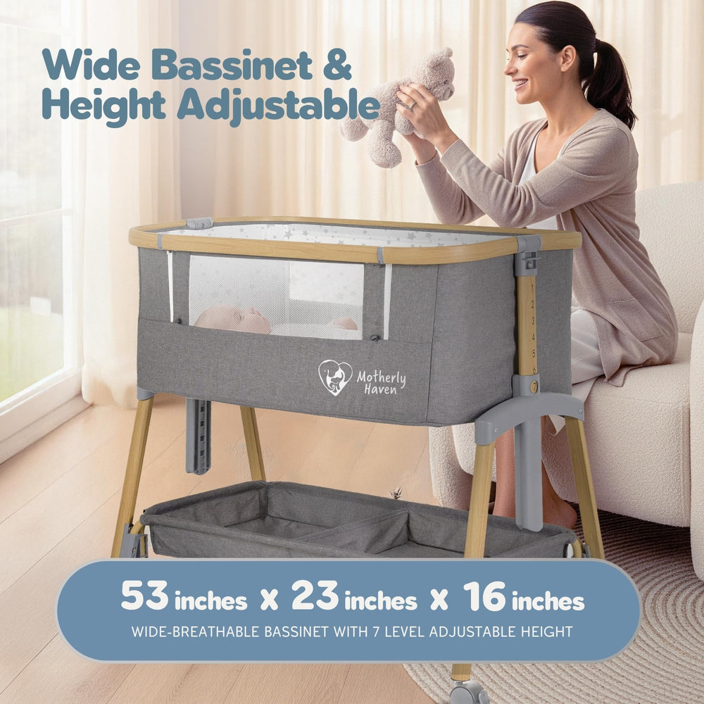 Motherly Haven bassinet breathable mesh sides promote airflow for newborn comfort.