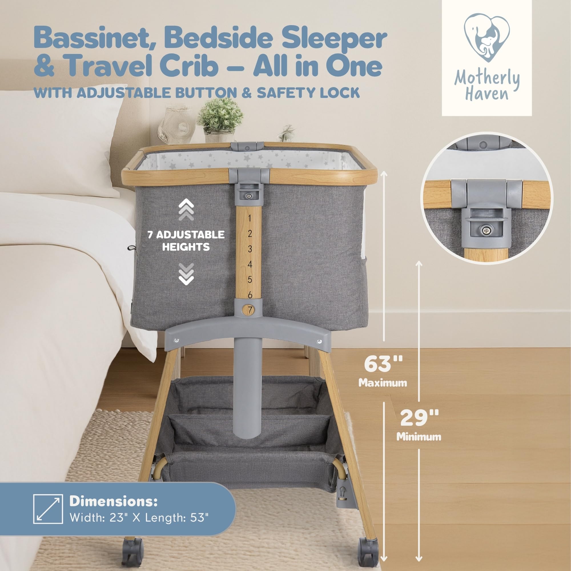 Motherly Haven bassinet four-wheels with lock shows smooth mobility.