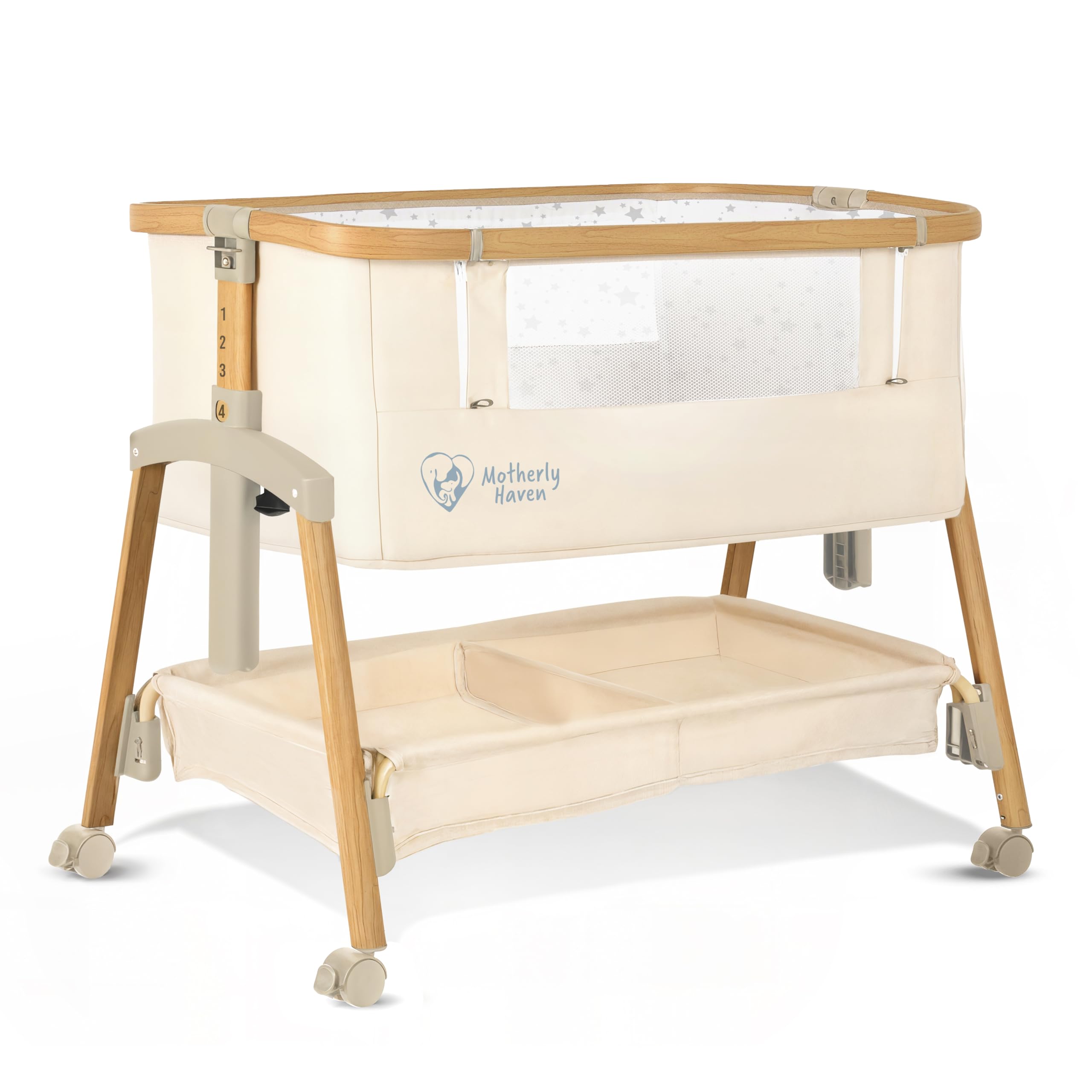 Motherly Haven bassinet mesh-sides promote airflow for baby comfort.