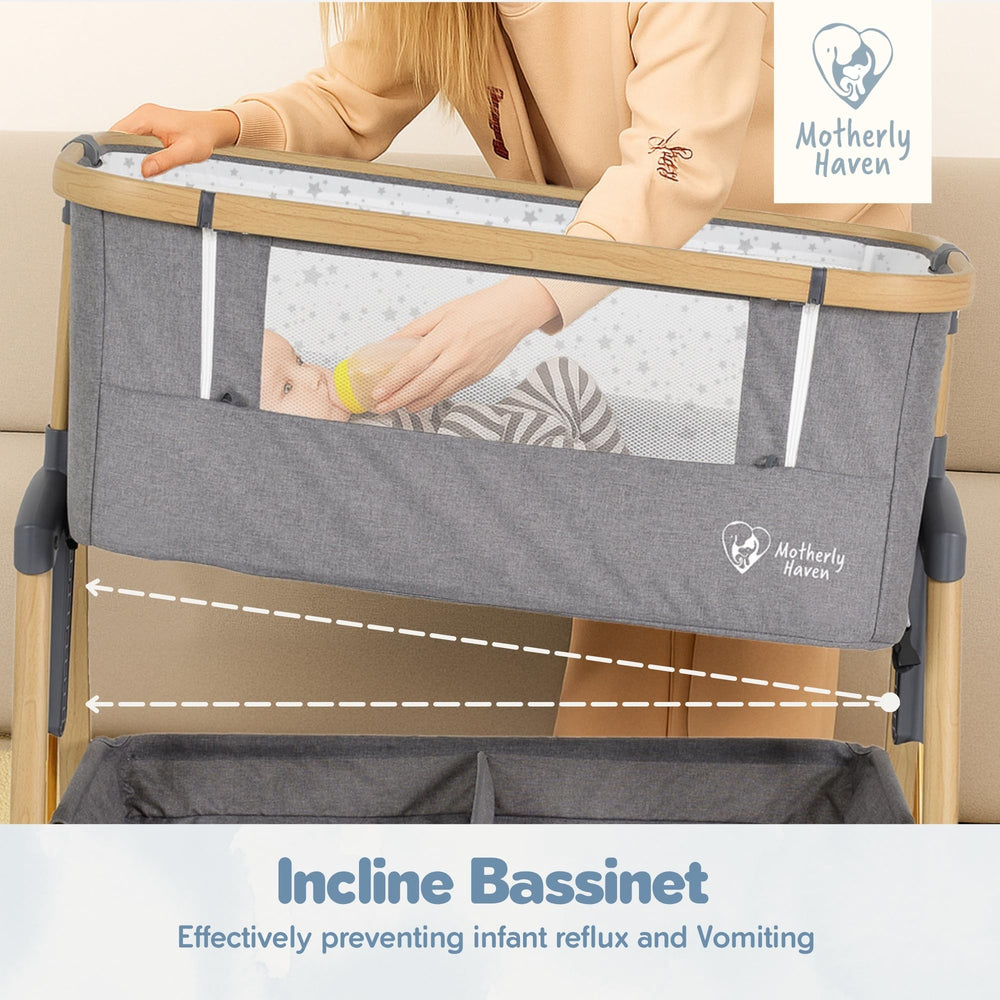 Motherly Haven bassinet seven-height adjustment adapts to bed heights.