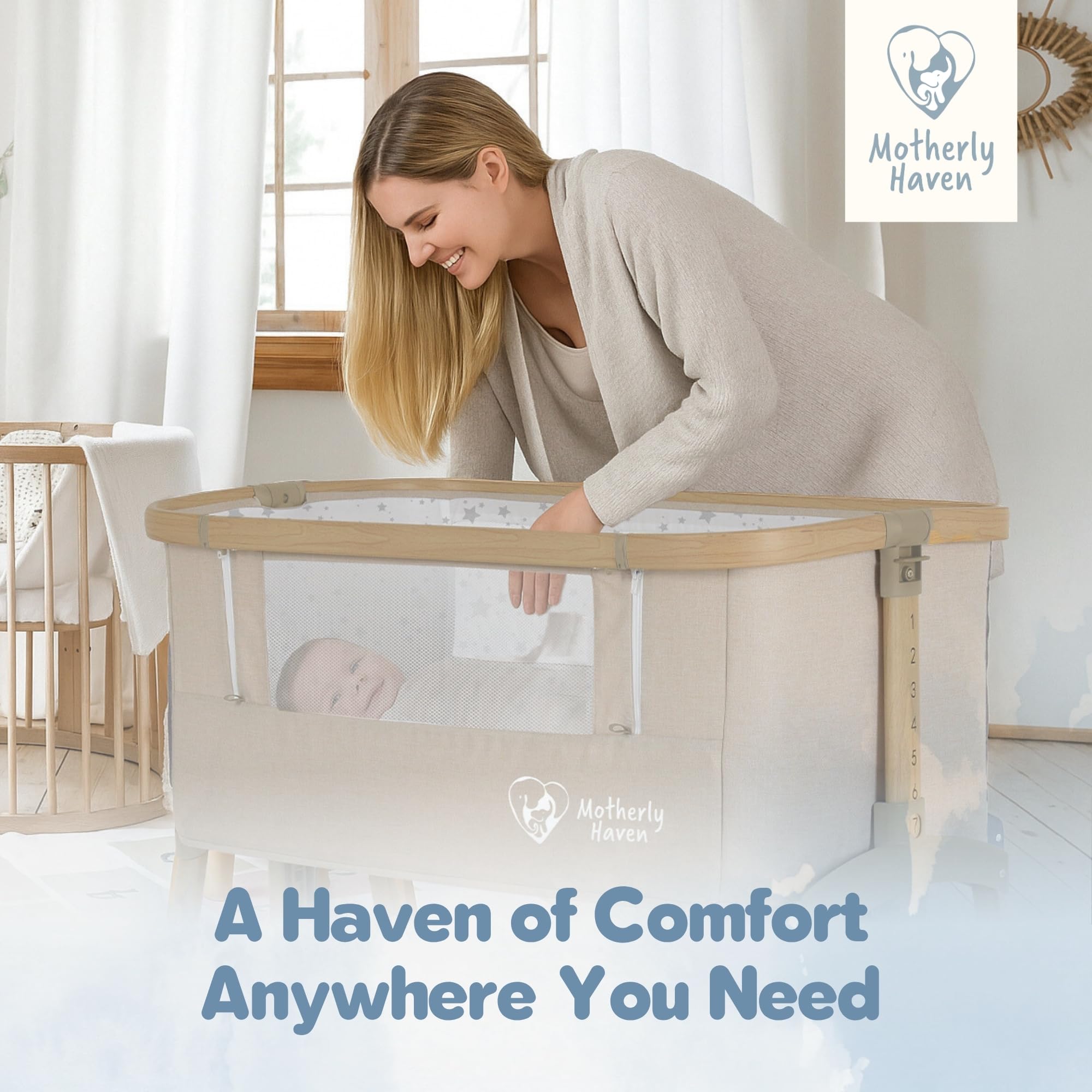 Motherly Haven bassinet with soft mattress for cozy naps.