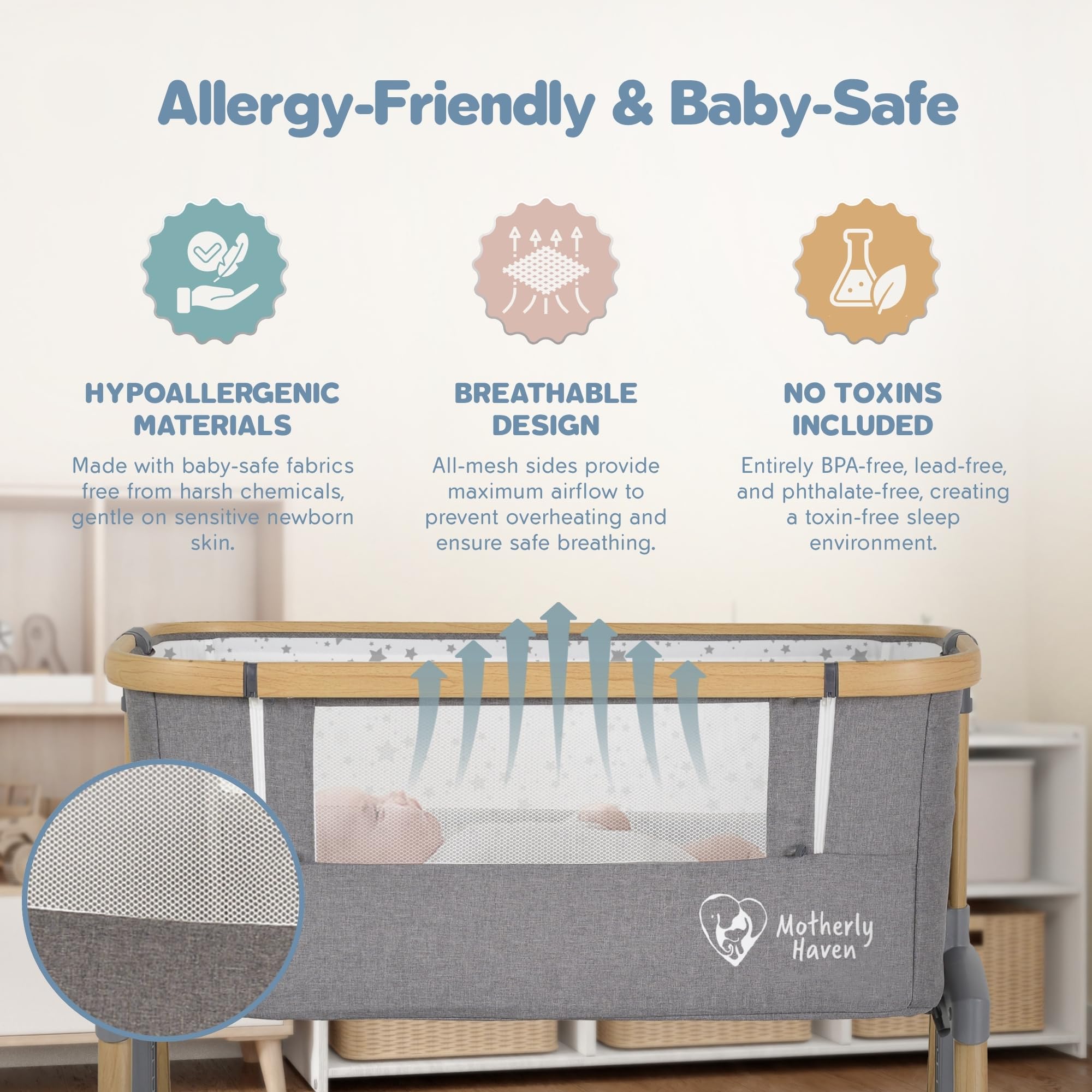 Motherly Haven bassinet tilt-mode helps position baby during feeds.