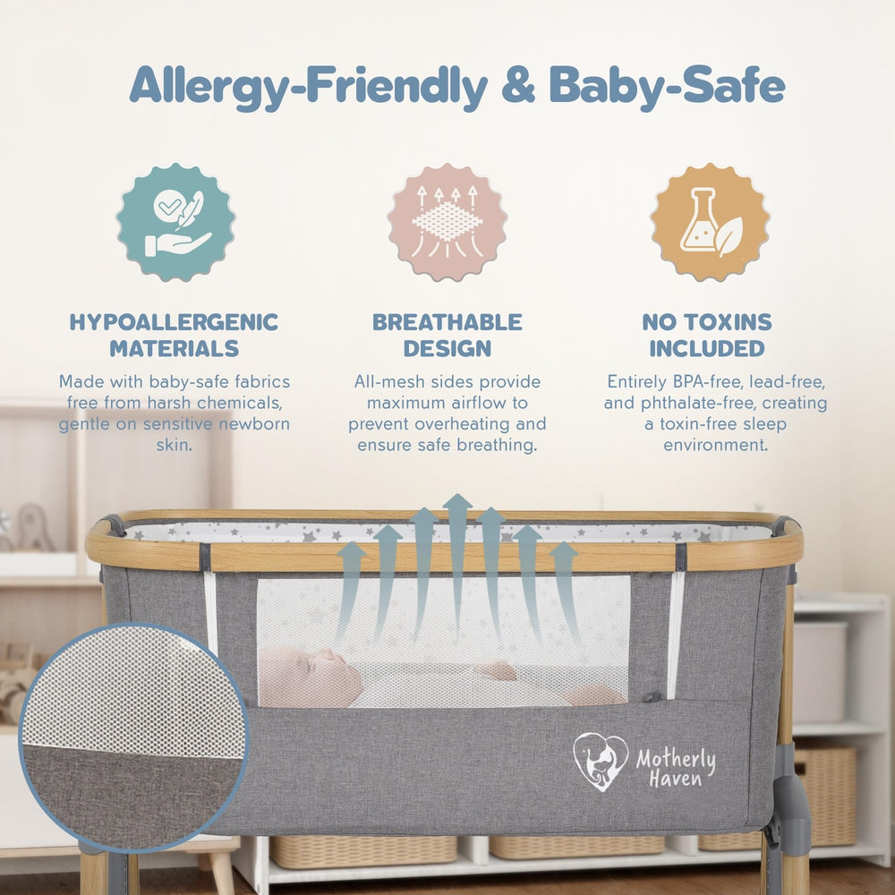 Motherly Haven bassinet tilt-mode helps position baby during feeds.