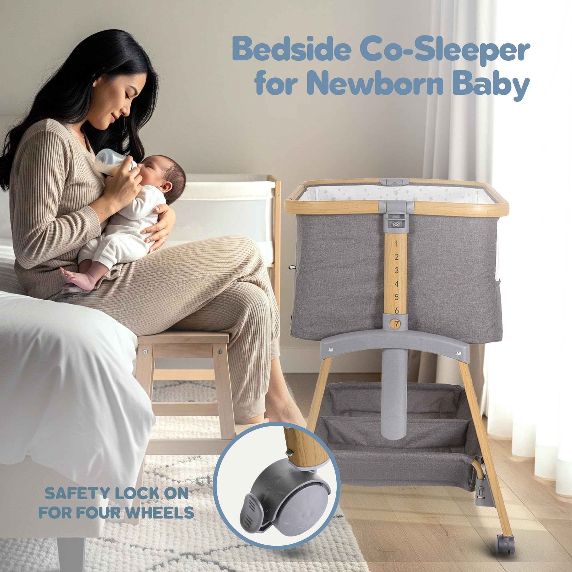 Motherly Haven bassinet under-bed storage drawer keeps essentials within reach.