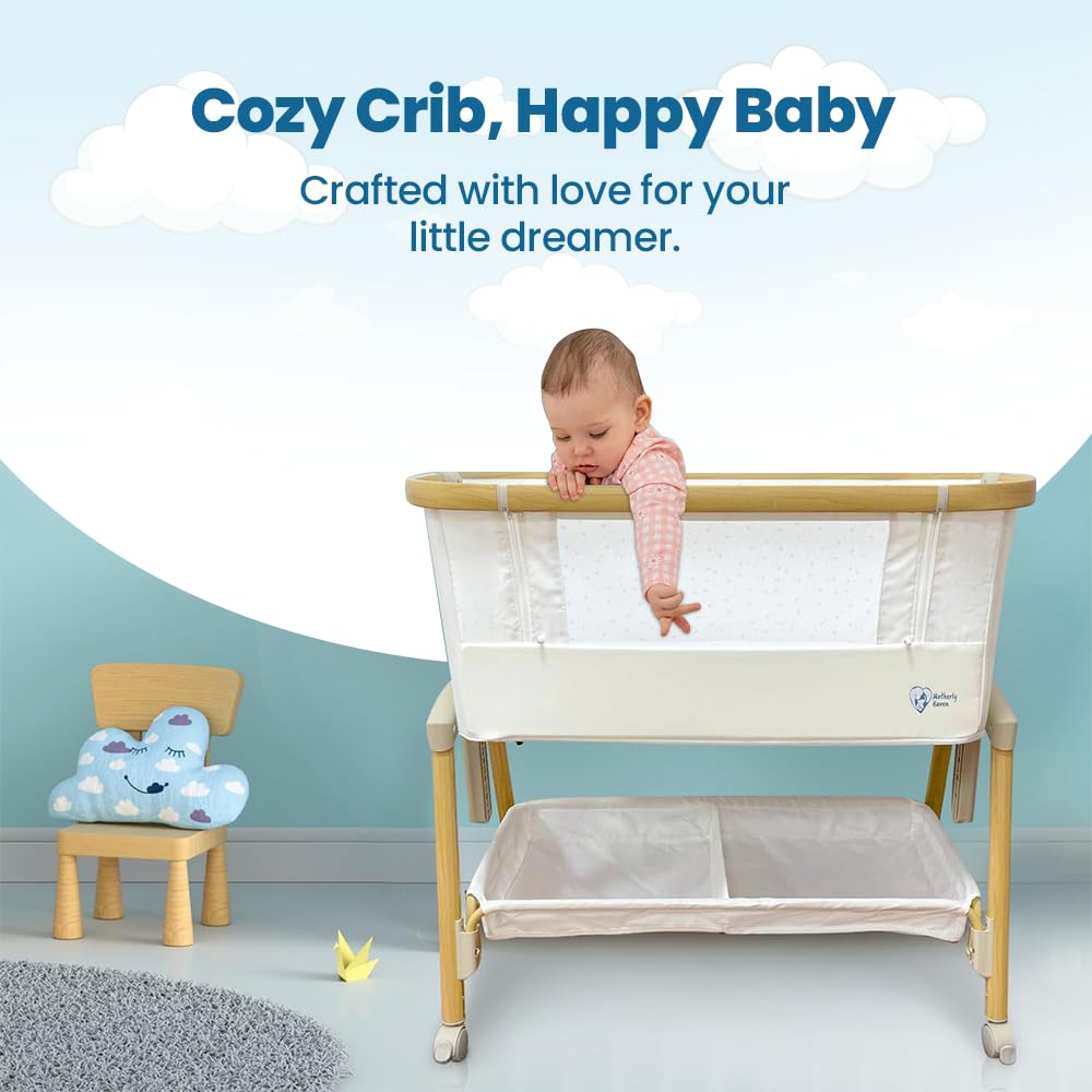 Motherly Haven minimalist bassinet with soft mattress simplifies cleaning and nursery decor.