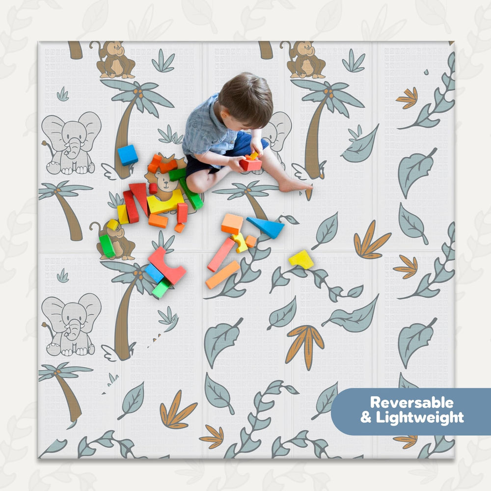 Motherly Haven Safari Play Mat reversible design offers two stylish looks.