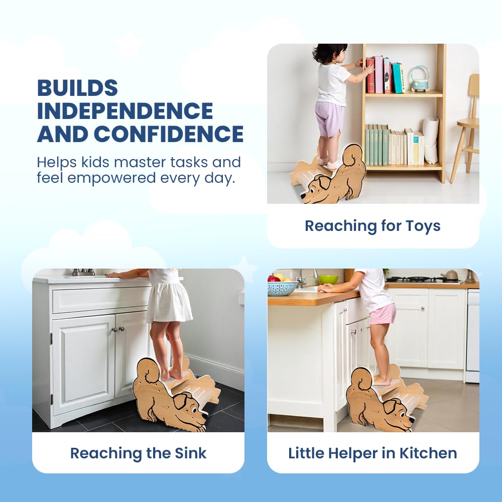 Motherly Haven stool helps kids reach countertops for cooking and veggie washing.