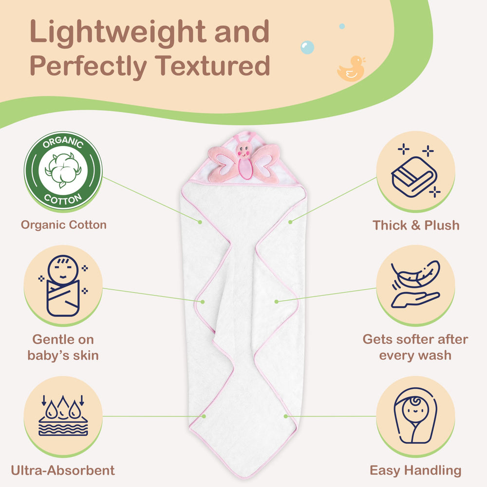 Mother's Choice towel features absorbent material for quick bath-time drying.