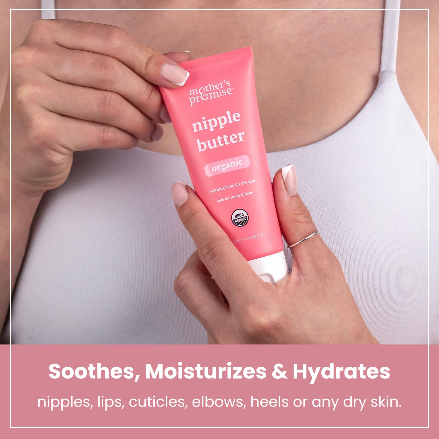 Mother's Promise hypoallergenic nipple balm close-up conveys gentle, skin-safe nourishment