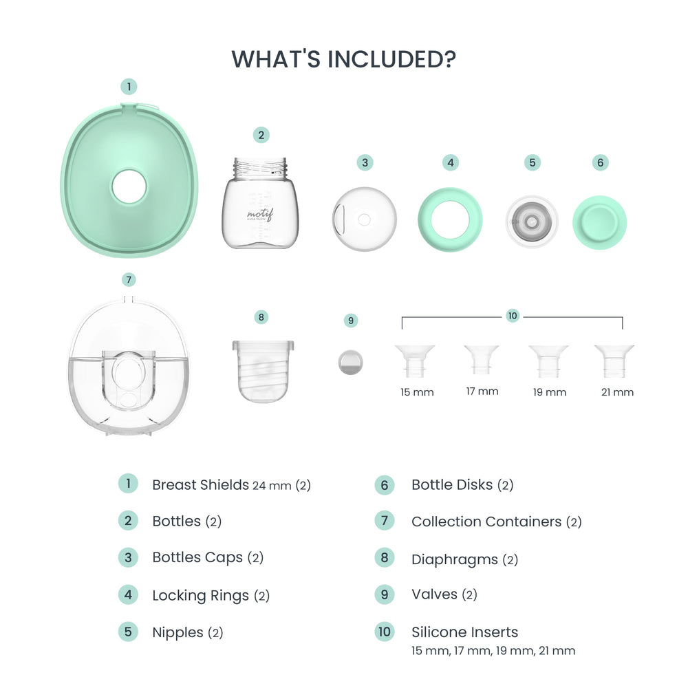 Motif Medical Aura Glow 24mm breast shield close-up shows comfortable fit for long sessions.