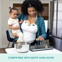 Motif Medical Aura Glow diaphragm and valve image highlights key components for smooth milk flow.