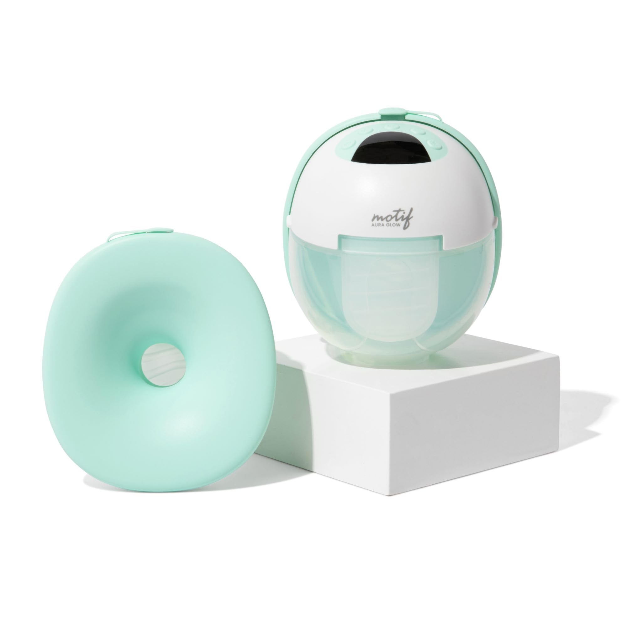 Motif Medical Aura Glow wearable pump in a bra for hands-free pumping on the go.