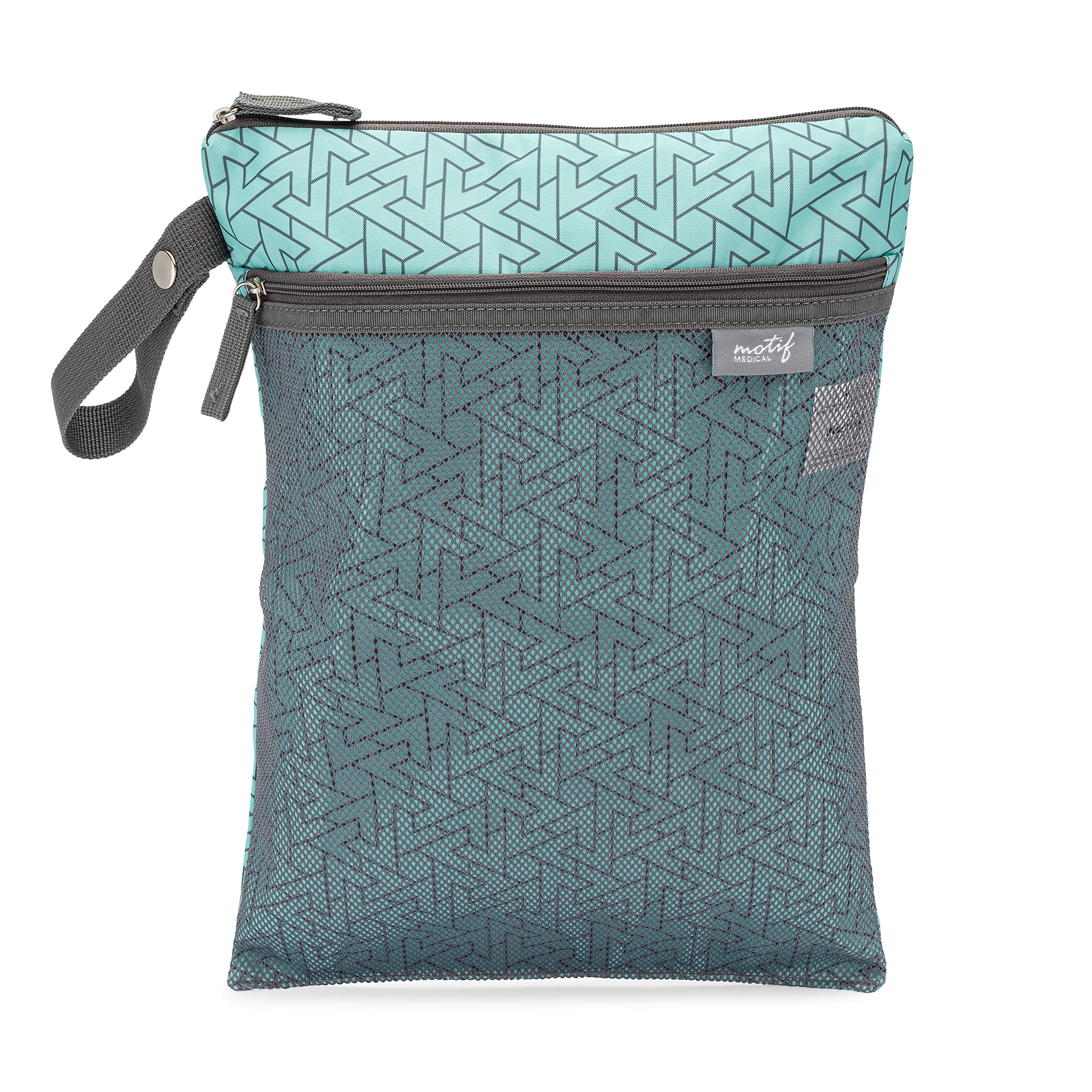 Motif Medical baby wet dry bag aqua dual-compartment keeps wet and dry items organized on the go.