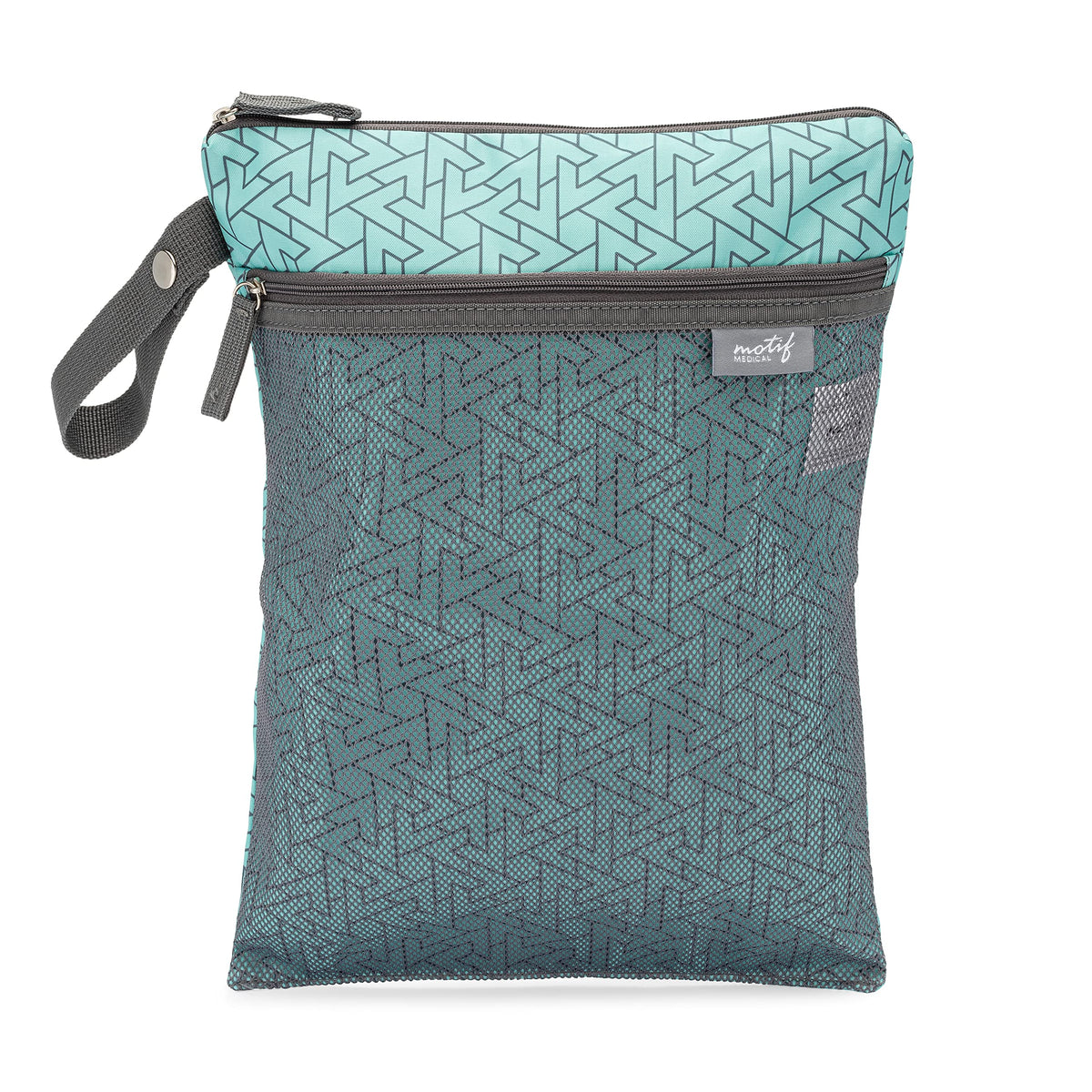 Motif Medical baby wet dry bag aqua dual-compartment keeps wet and dry items organized on the go.