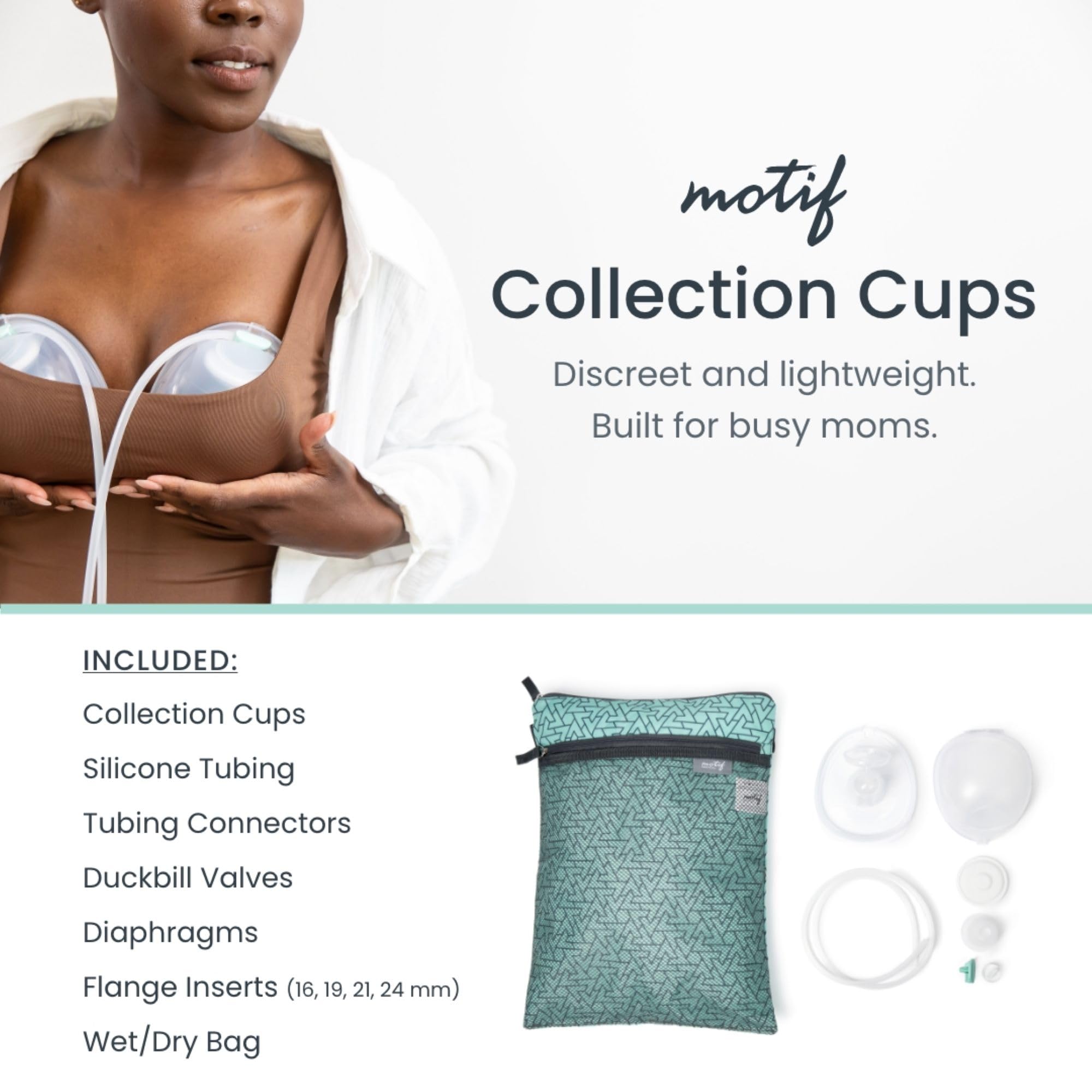 Motif Medical cups shown in hands-free setup during daily pumping.