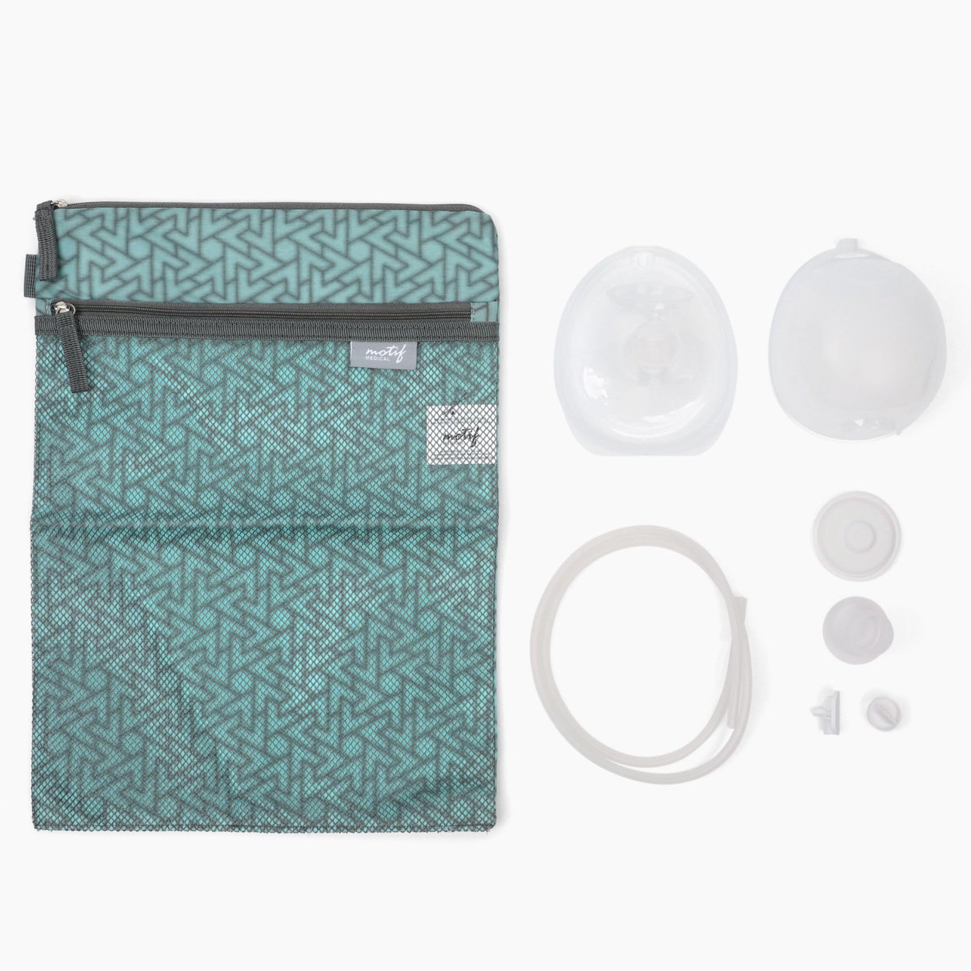 Motif Medical breast milk collector cups connected to Luna and Duo for hands-free pumping.