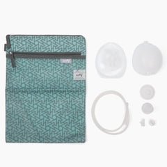 Motif Medical breast milk collector cups connected to Luna and Duo for hands-free pumping.