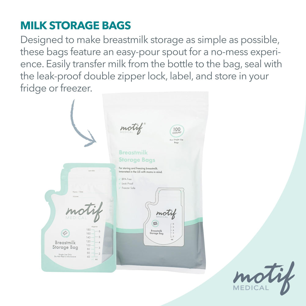 Motif Medical breastmilk bags double zipper seal for leak-proof storage