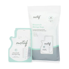 Motif Medical breastmilk bag with easy-pour spout for mess-free transfers.