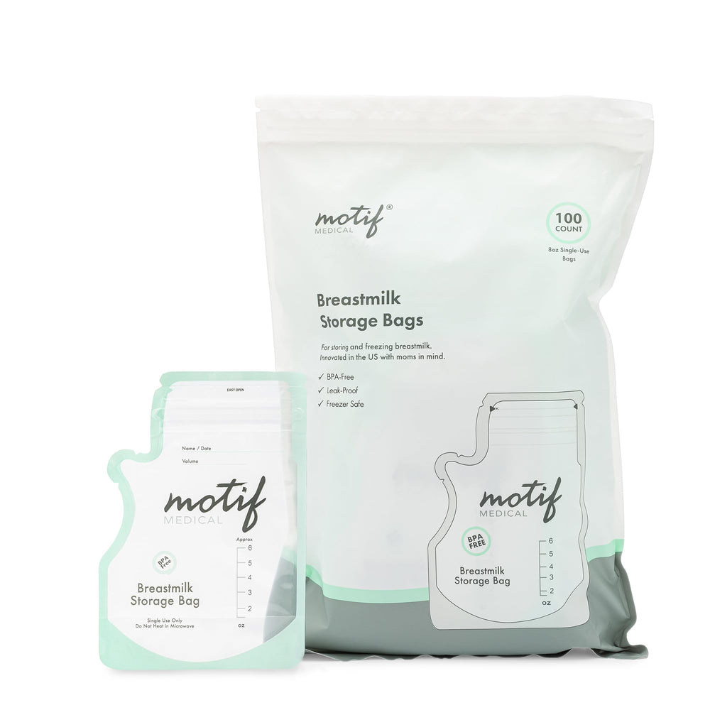 Motif Medical breastmilk storage bags 6oz laid flat to maximize freezer space.