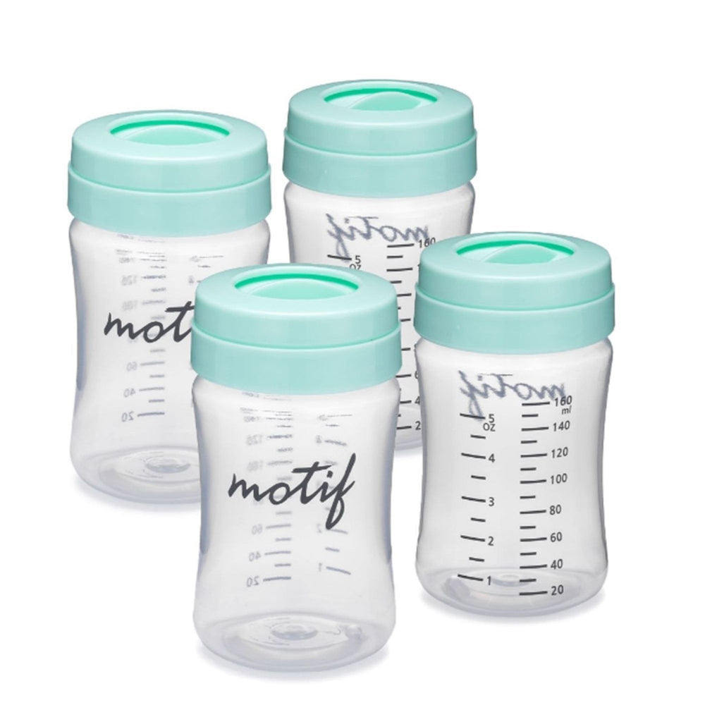 Motif Medical Luna 4-pack breast milk bottles, 160 ml, with locking rings for secure travel.
