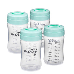 Motif Medical Luna 4-pack breast milk bottles, 160 ml, with locking rings for secure travel.